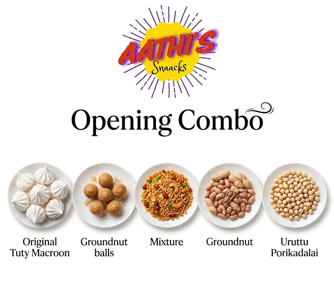 Aathi's Snaacks Launch Combo - Macroon, Groundnut balls, Mixture, Salted Groundnut, Porikadalai